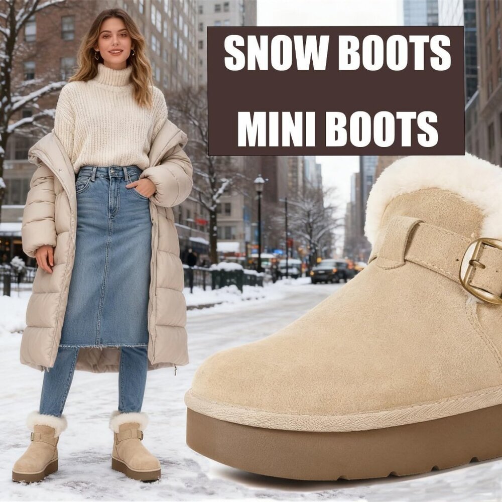 Women's Snow Winter Warm Hook Loop Ankle Faux Fur Lining Tan Booties Shoes - Picture 5 of 6